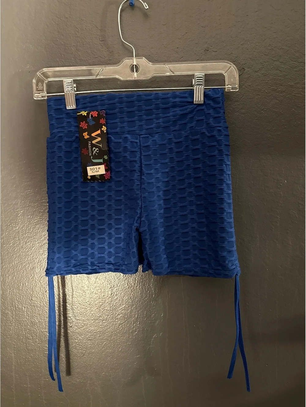 W&Y Fashion Blue Textured Athletic Shorts with Adjustable Side Ties